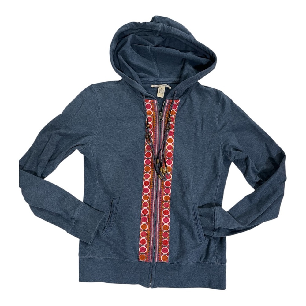 Vintage Lucky Brand Blue Hoodie with Colorful Embroidery size S